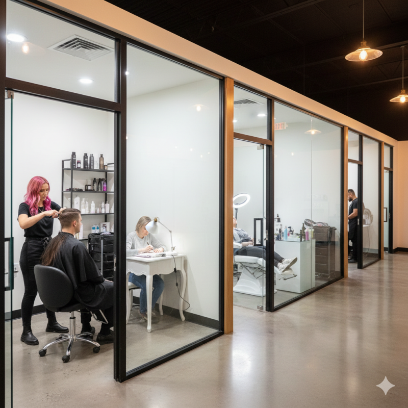 Beauty Professionals Working in Modern Salon Suites Modern salon suite facility with beauty professionals working in glass-fronted private rooms.