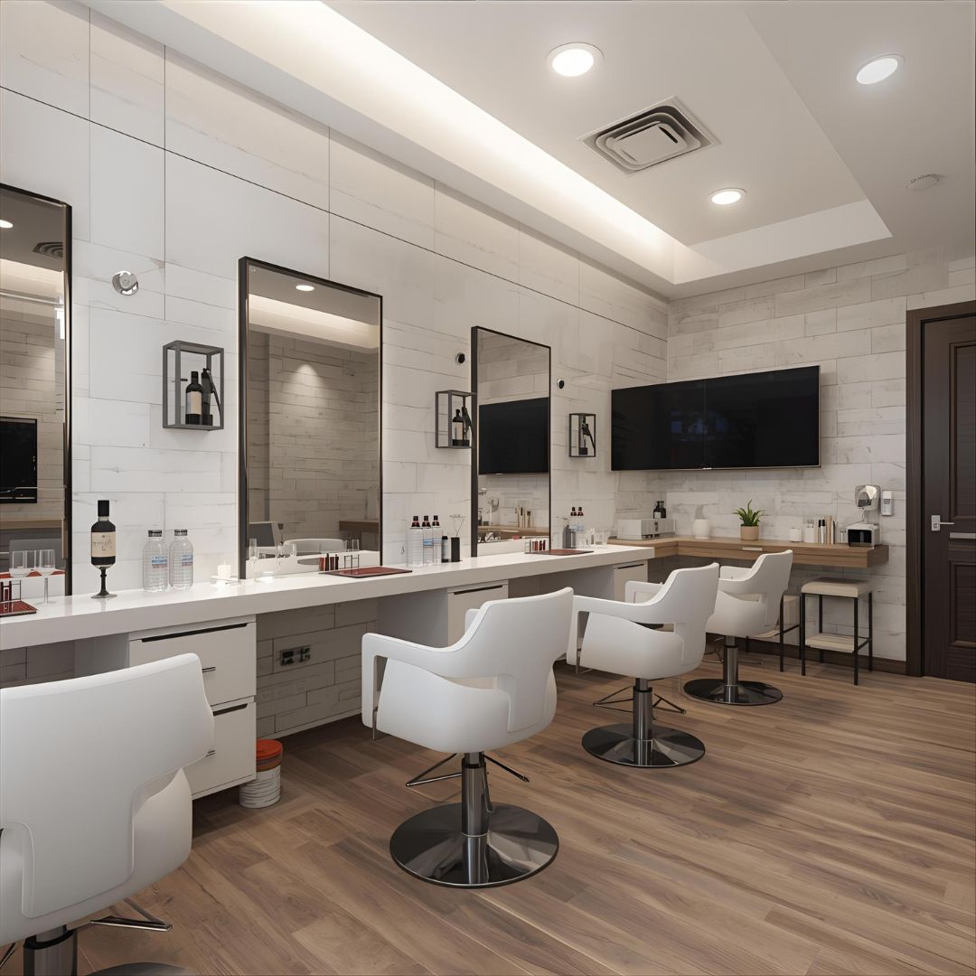 Elegant and Minimalist Beauty Franchise Styling Area Modern, upscale white tiled Beauty Franchise salon with bright
white chairs and dark wood flooring.