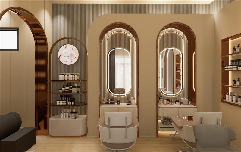 Elegant beauty salon suite in midtown with arched mirrors, gold
  accents, and modern styling chairs