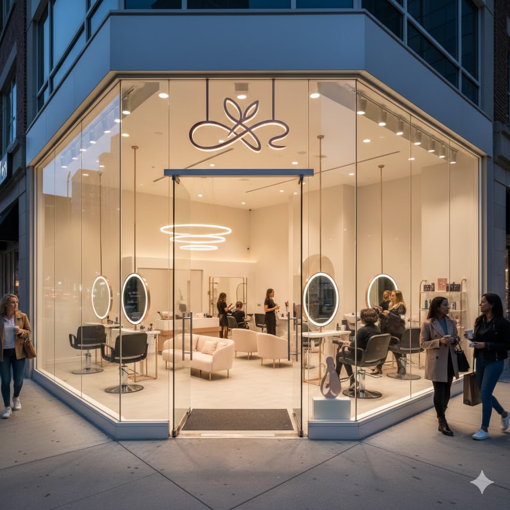 Modern beauty salon franchise with glass storefront, ring lights,
  and stylists working with clients