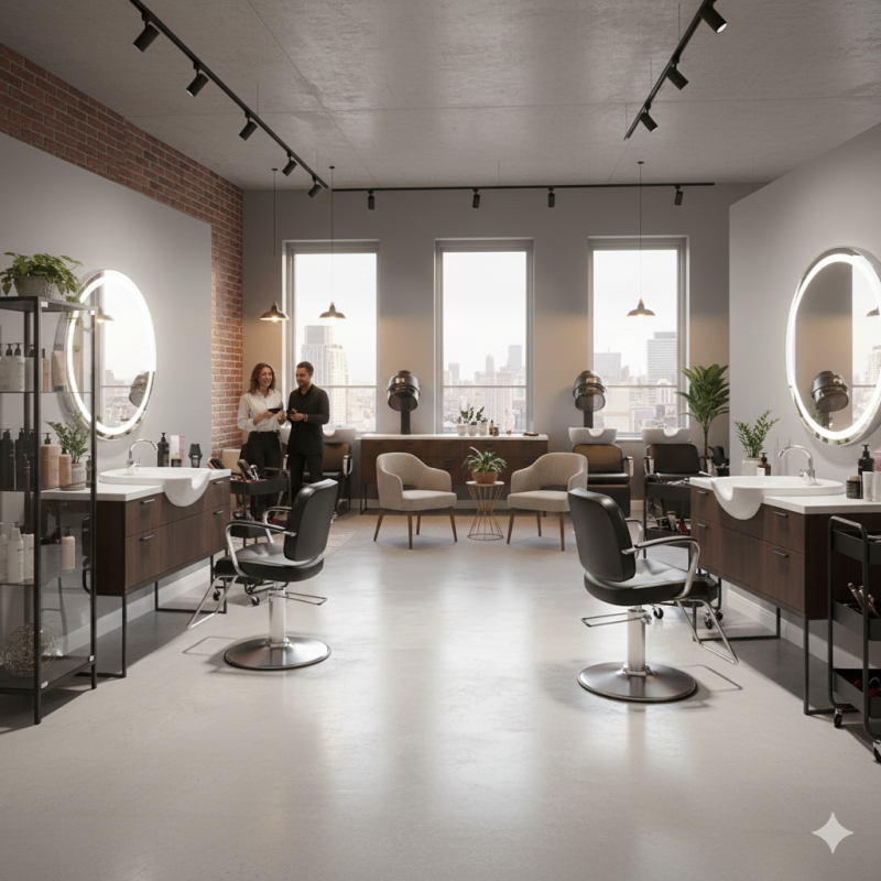 Modern Salon Suite in Metro Atlanta Modern industrial salon suite with styling chair, round mirror,
shelving, and city view.