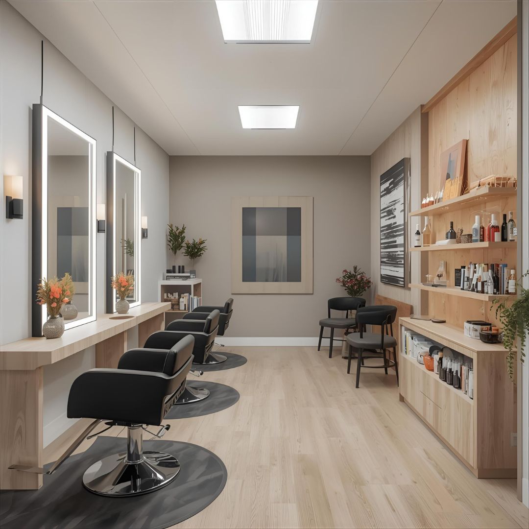 Modern and Minimalist Salon Suite Bright, modern suite for beauty professionals with light wood and
black salon chairs and mirrors.