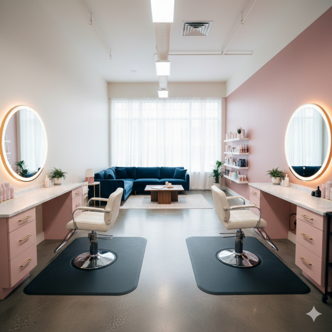 Image of custom salon suite in Buckhead with stylish furniture, large window, and clean design.