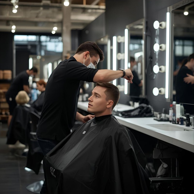 Professional Barber Station and Booth Rental Setting Barber in a modern salon using a booth rental model cutting a
customer's hair in a brightly lit station.