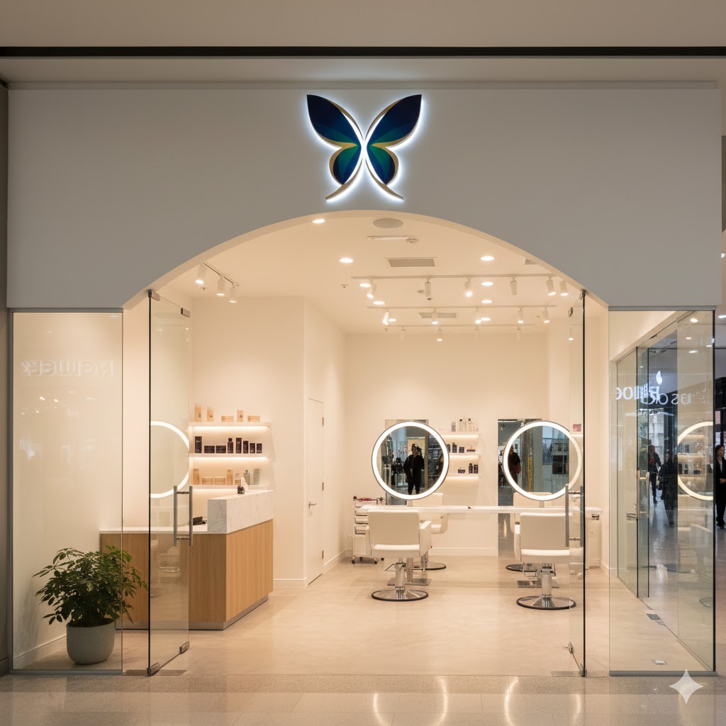 Professional Beauty Salon Franchise in Woodstock Modern glass-front beauty salon franchise in Woodstock with bright
chairs and mirrors, inviting clients