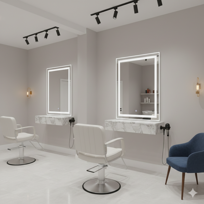 Two chairs with mirrors in a salon suite or booth in Buckhead,
    ready for beauty services.